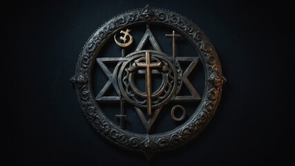 Obraz premium A single religious symbol, such as a glowing Christian cross, an Islamic crescent moon, a Jewish Star of David, or a Hindu Om symbol, centered on a dark, textured background.