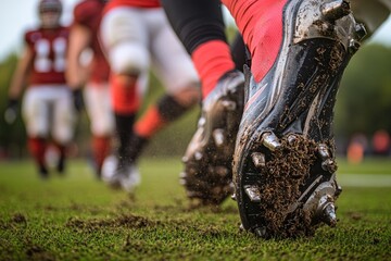 close-up of football studs digging into turf with blurred teammates in background