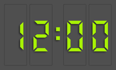 Digital clock with green numbers and dark background, showing 12 o'clock. 