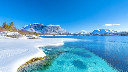 Crystal Clear Winter Lake  Snow Covered Shore  Majestic Mountains