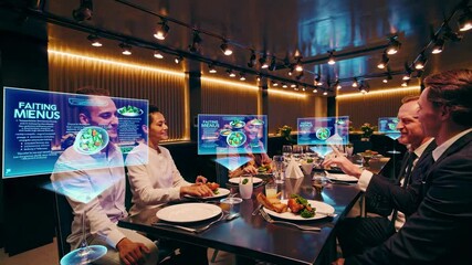 Dining in a futuristic restaurant with holographic menus and innovative technology