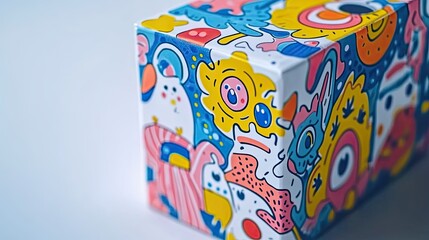 Fototapeta premium close-up view of colorful kids milk carton with playful designs photographed on solid white backdrop with ample copy