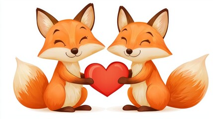 Obraz premium Valentine animal companion heartwarming symbolic friendly. Two cheerful foxes hold a red heart, symbolizing love and companionship in a cute and playful style.