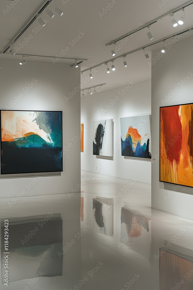 Poster contemporary art gallery illuminated by track lighting with abstract paintings creating focal points