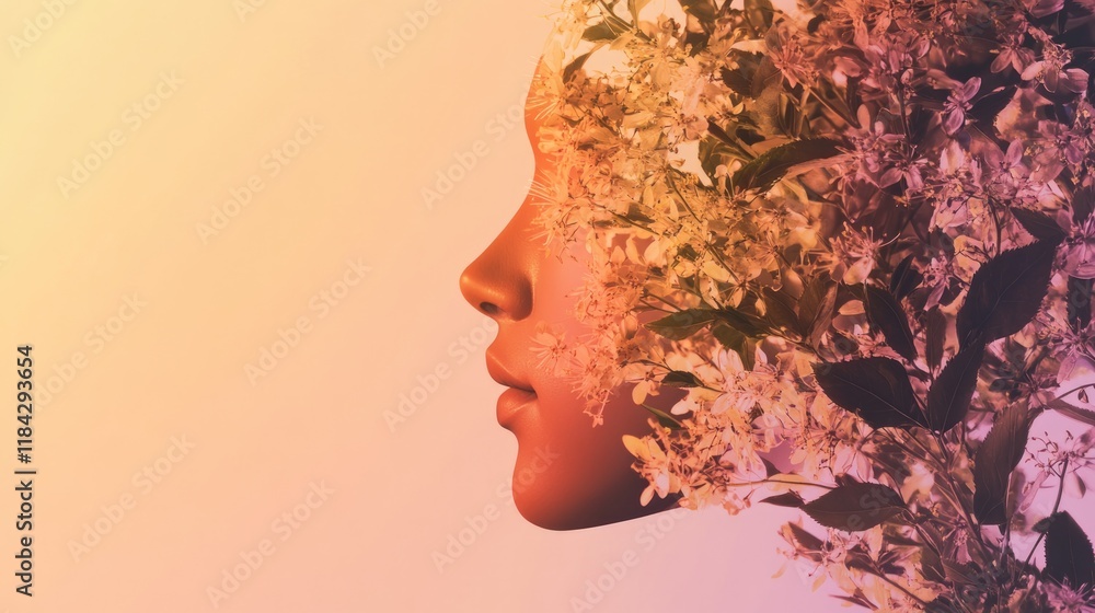 Poster creative concept of face profile intertwined with blooming flowers set on soft gradient background w