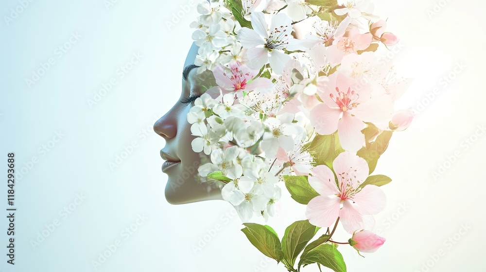 Poster creative concept of face profile intertwined with blooming flowers set on soft gradient background w