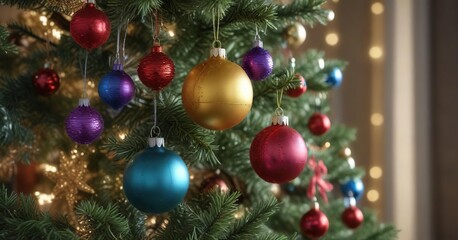 Multicolored tinsel ornaments hanging from Christmas tree, festive, christmas tree, shiny