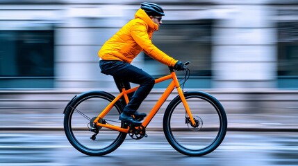 Cyclist in Bright Orange Jacket Riding Bike on Urban Street
