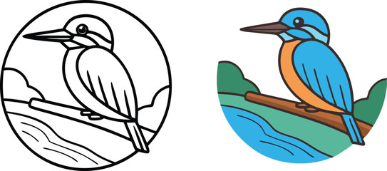 Obraz premium Kingfisher Bird Coloring Page Outline, River, Branch, Nature