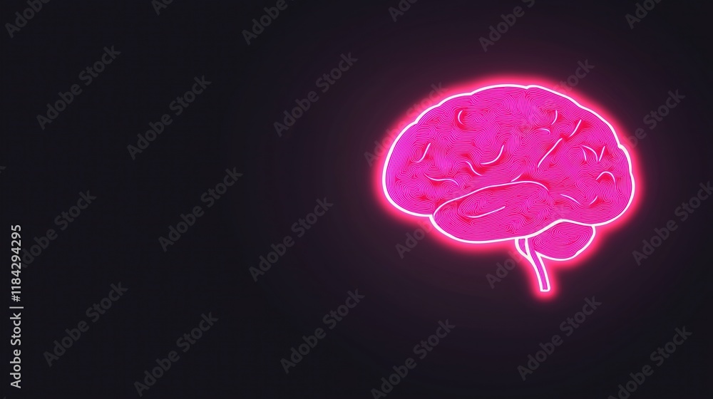Poster neon pink brain on black background representing big data and artificial intelligence concept with i