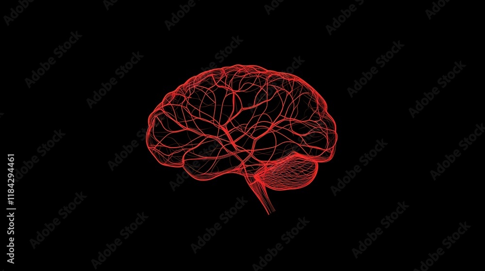 Poster ai generated red brain activity illustration on black background highlighting neural network and tec