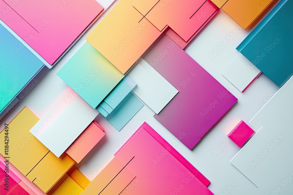 Poster creative web interface featuring dynamic overlap of vibrant gradient blocks on clean white backgroun