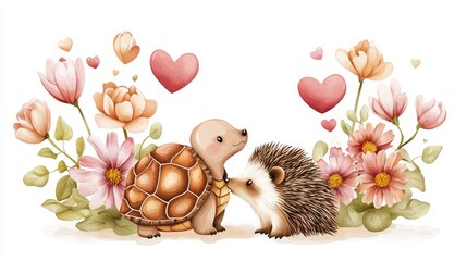 Valentine animal companion heartwarming symbolic friendly. A cute illustration of a turtle and a hedgehog surrounded by flowers and hearts, symbolizing friendship and love in a whimsical style.