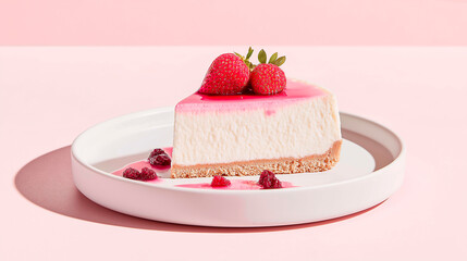 A slice of cheesecake with berries on plate, on pastel background, premium and style, design with empty space, bakery composition