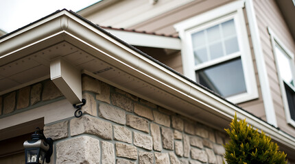 House Exterior Detail: Gutter, Fascia, and Stone Veneer