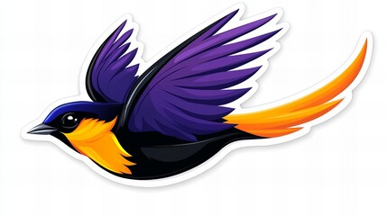 Obraz premium A vibrant illustration of a bird in flight, showcasing bold purple and orange hues against a white backdrop.