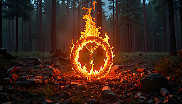 Burning rune Algiz in a ring of fire in a magical forest