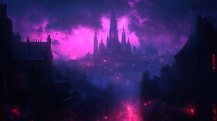 Gothic Cityscape Under a Crimson Sky at Night