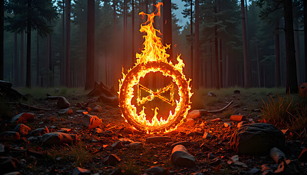 Burning rune Dagaz in a ring of fire in a magical forest