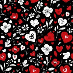 Fototapeta premium Colorful Floral and Heart seamless pattern on Black Background for Creative Projects and Celebrations