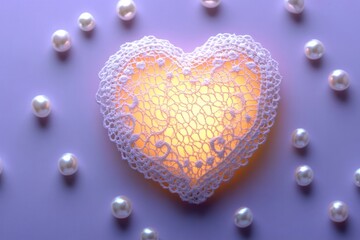 Fototapeta premium delicate lace heart glowing softly on lavender background surrounded by scattered pearls