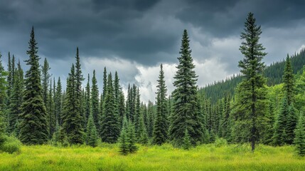 dense pine forest under overcast skies creating atmospheric and moody natural setting