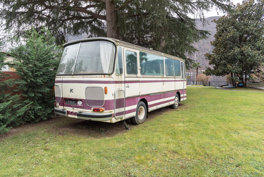 Lugano, Ticino, Switzerland - December 21, 2024: Old Setra S 80 bus, from a German company that produces buses.