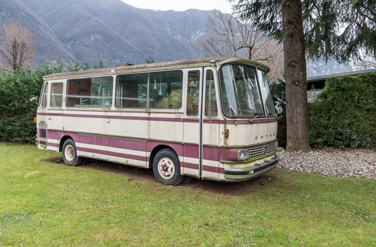 Lugano, Ticino, Switzerland - December 21, 2024: Old Setra S 80 bus, from a German company that produces buses.