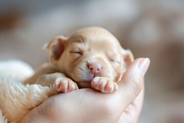 Close-up of a sleeping newborn puppy cradled gently in a person&rsquo;s hand, radiating warmth and tenderness.