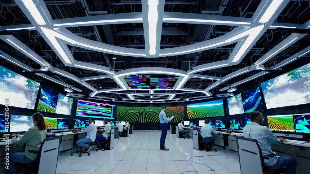 Fototapete High-tech monitoring center with analysts working on multiple screens in a modern facility