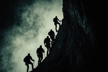 dramatic photo of silhouette of group climbing mountain together symbolizing teamwork and perseverance