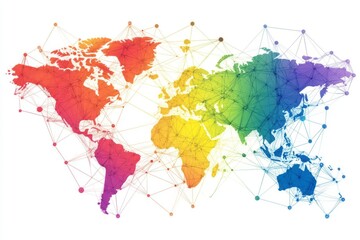 Fototapeta premium Abstract world map with colorful global network connections. Vector illustration on a white background, flat color style, simple line drawing using rainbow colors.