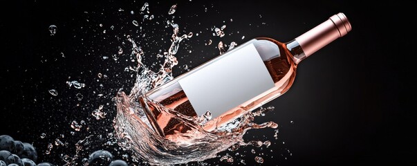 Fototapeta premium Wine bottle with blank label concept for commercial poster. A rose wine bottle splashes in water against a dark background