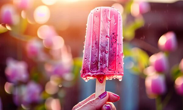 Melting pink popsicle against sunny, bokeh background