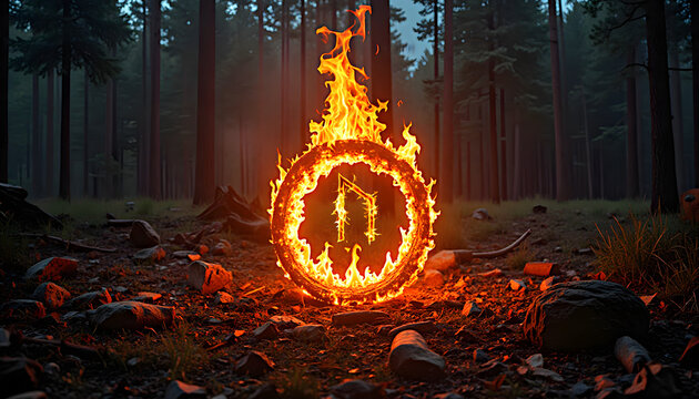 Burning rune uruz in a ring of fire in a magical forest