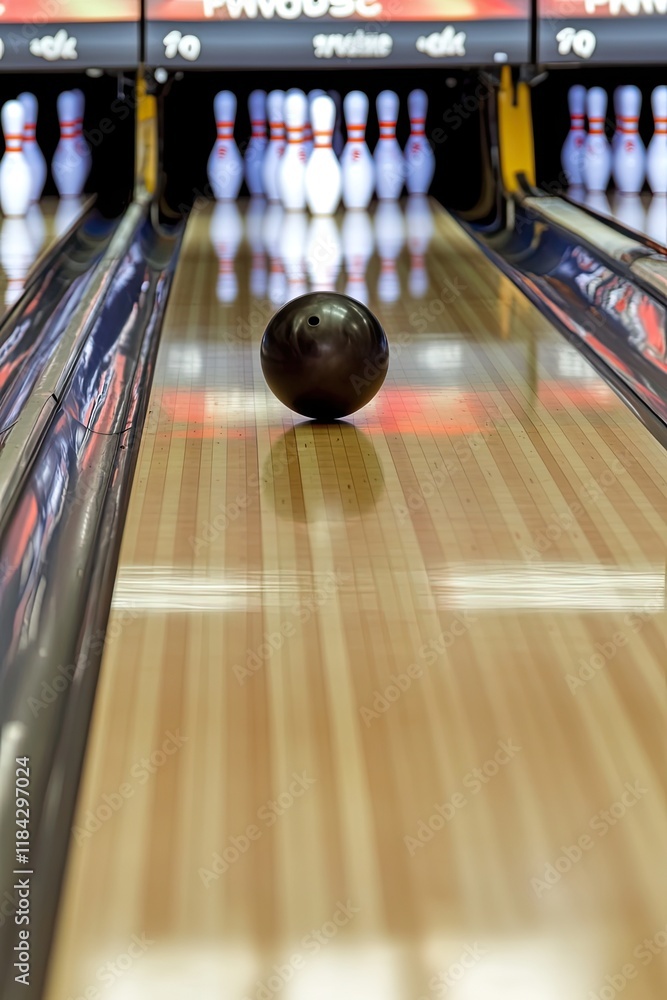Aufkleber dynamic shot of bowling ball rolling down lane toward neatly arranged pins with motion blur emphasiz