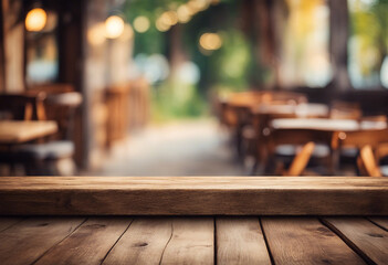 Wooden table with a cozy café ambiance in the background.