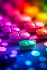 Rainbow of Pharmaceutical Innovation Colorful Pills in a Row on a Vibrant, Abstract Background