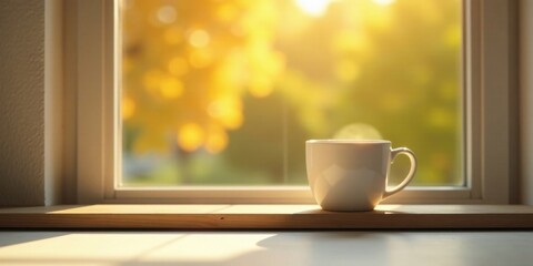 A warm mug of morning beverage sits on a windowsill, bathed in the golden sunlight of a fall morning.