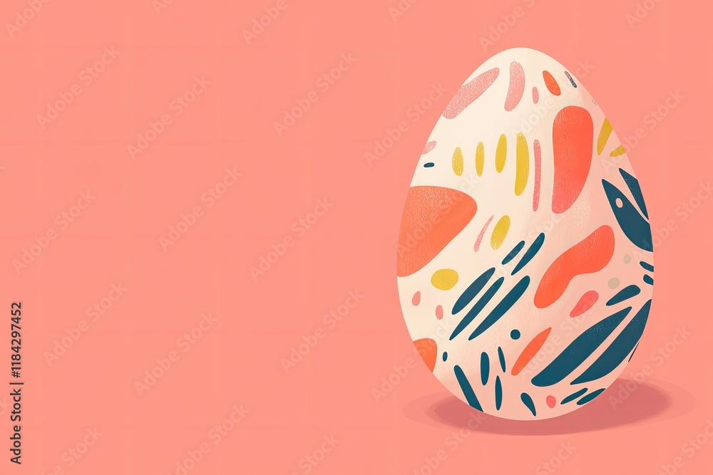 Poster flat vector-style illustration of single painted egg with abstract patterns on smooth coral backgrou