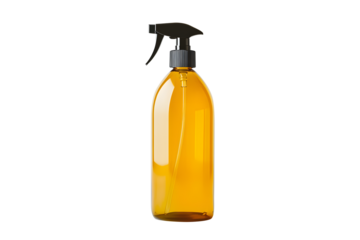 Blank plastic clear yellow spray bottle tall isolated on cut out PNG or transparent background. Fill mineral water spray for face deodorant spray or body spray. Cleaning agent hand hygiene liquid soap