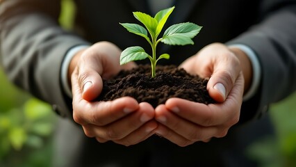 World environment day. Business hands holding green plant together for environment sustainable development goal. Green business company and esg, csr concept. Corporate and community cooperation