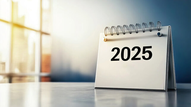 2025 Calendar highlights tax deadlines and coin values. Calendar Page Displaying Year 2025 on a Minimalist Desk