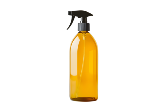 Blank plastic clear yellow spray bottle tall isolated on cut out PNG or transparent background. Fill mineral water spray for face deodorant spray or body spray. Cleaning agent hand hygiene liquid soap