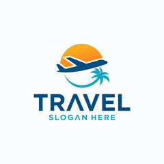 Fototapeta premium Summer vacation travel design, Vacation travel agency logo with airplane and world concept.