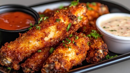 Fototapeta premium Crispy Close-Up of Golden Fried Chicken Wings with Sauces on a Black Plate