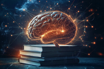 An abstract depiction of a brain with books and glowing lines representing neural connections.