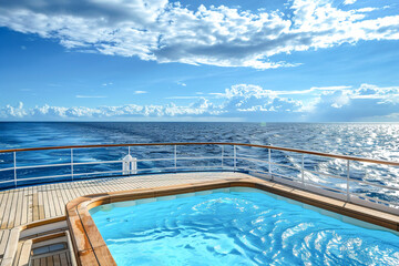 Swimming pool on a cruise deck overlooking a vast blue ocean under a clear sky with scattered clouds.