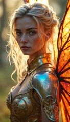 Golden-Armored Fairy Woman:  Elegant Fantasy Portrait