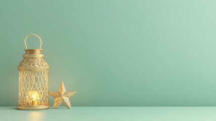 golden lantern glowing gently beside decorative star on smooth pastel green surface